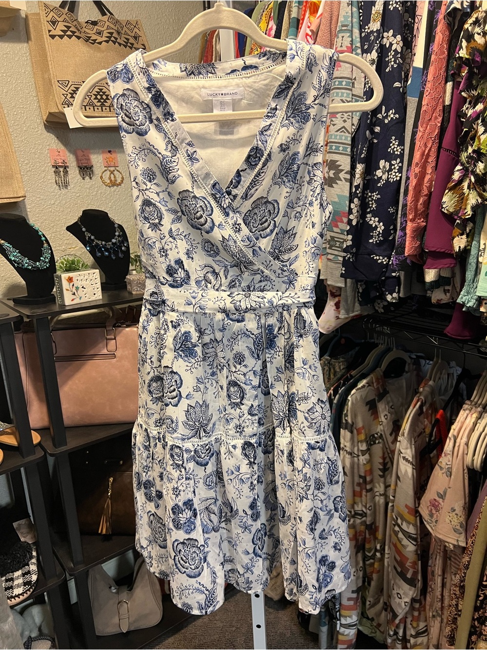 Lucky Brand White and Blue Floral Wrap Dress